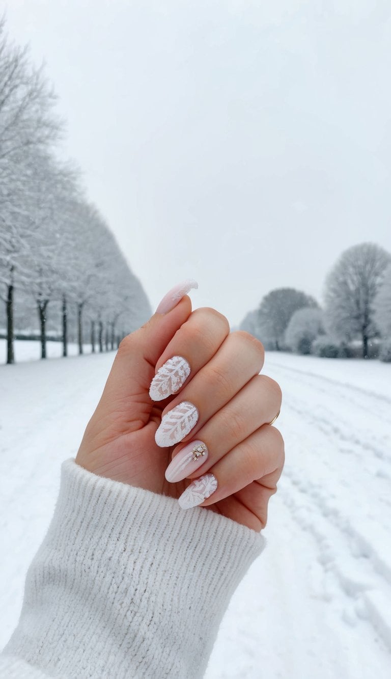 Intricate white patterns on soft nude nails mimic frosty textures with a few rhinestones
