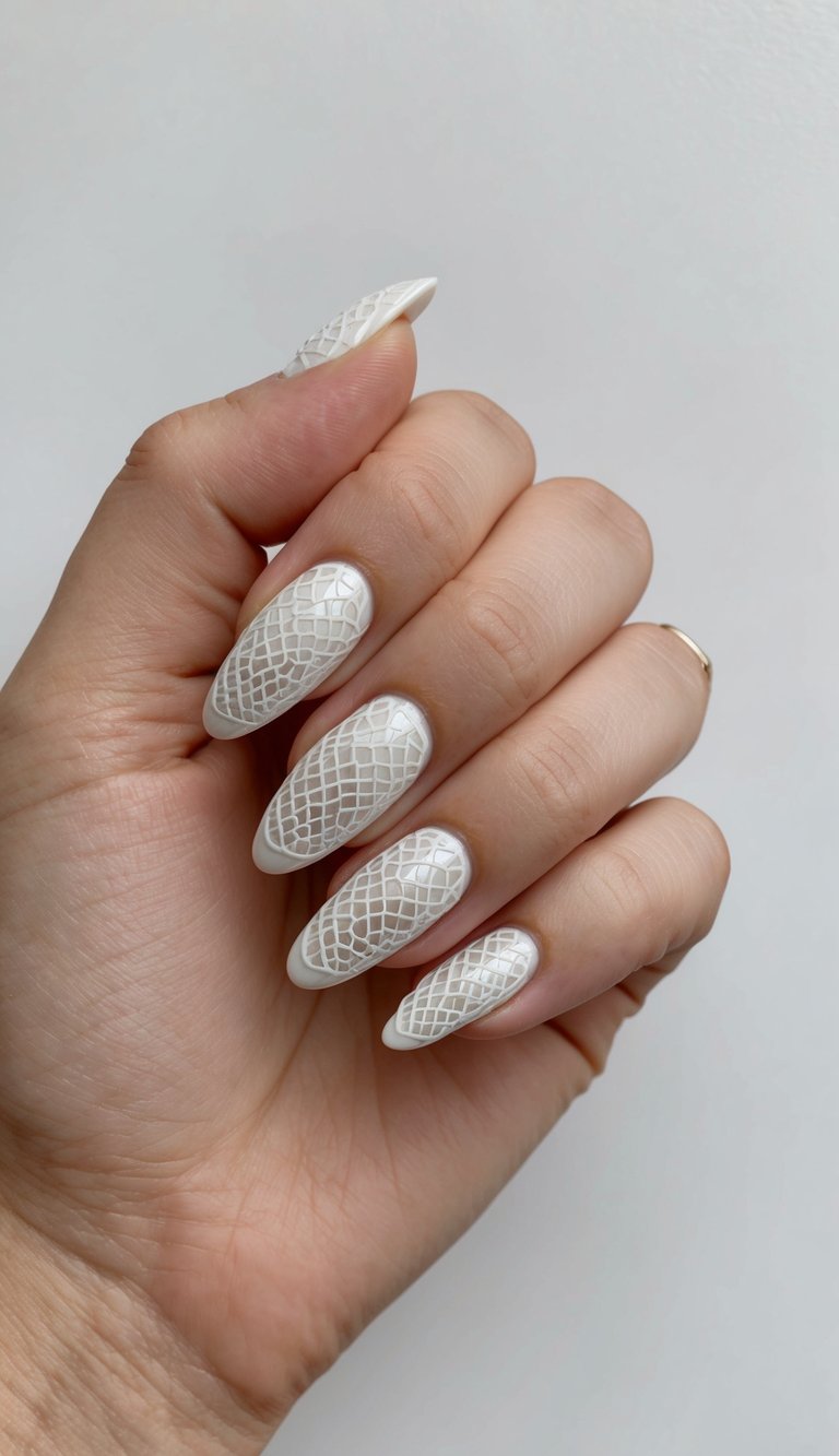 A vintage lace pattern in white chrome nail art
