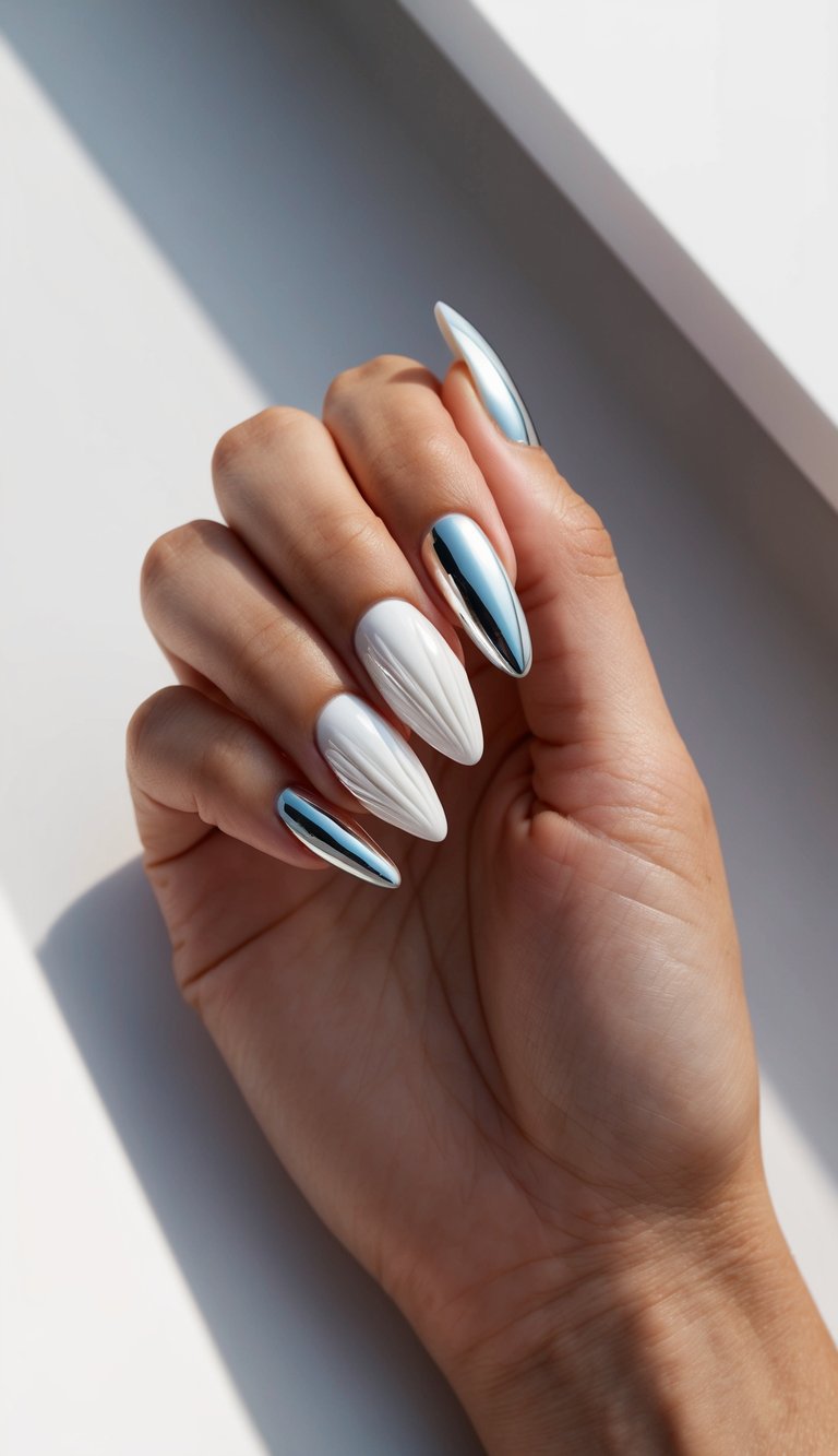 A seashell-inspired white chrome nail art design on a sleek and sophisticated background