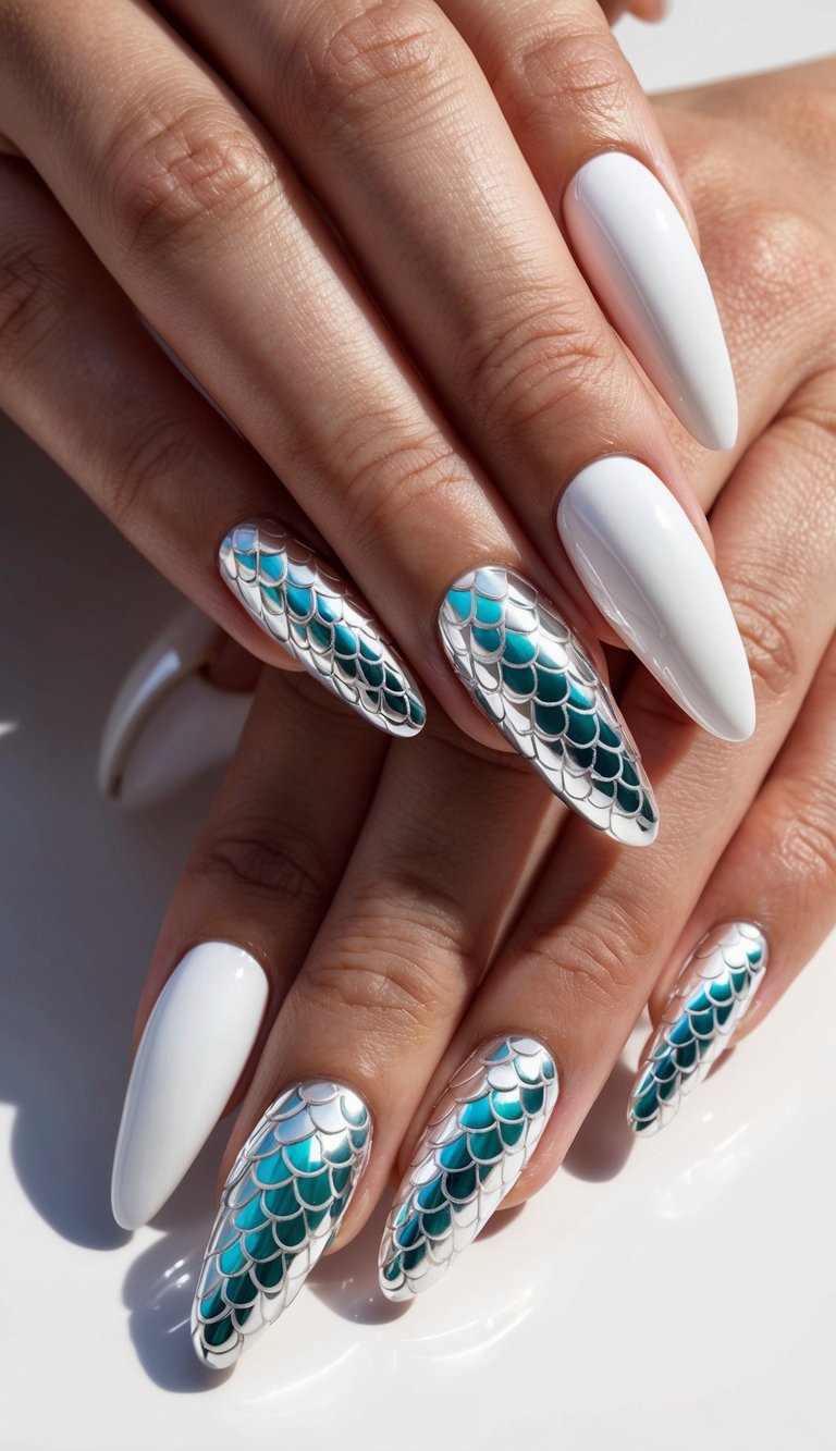 A set of white chrome nails with mermaid scale designs displayed on a sleek and sophisticated surface