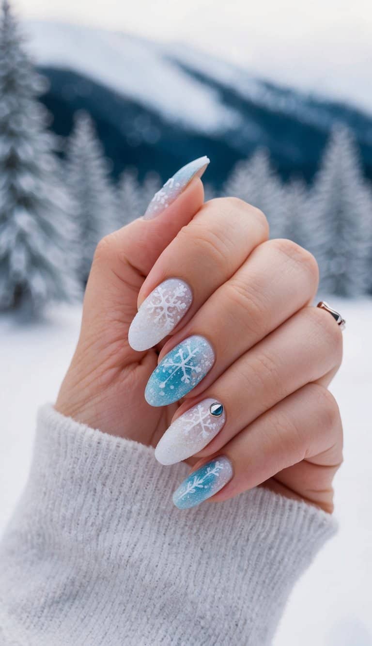 A snowy landscape with shimmering snowflakes and icy blue hues, evoking a chic and frosty winter nail art design