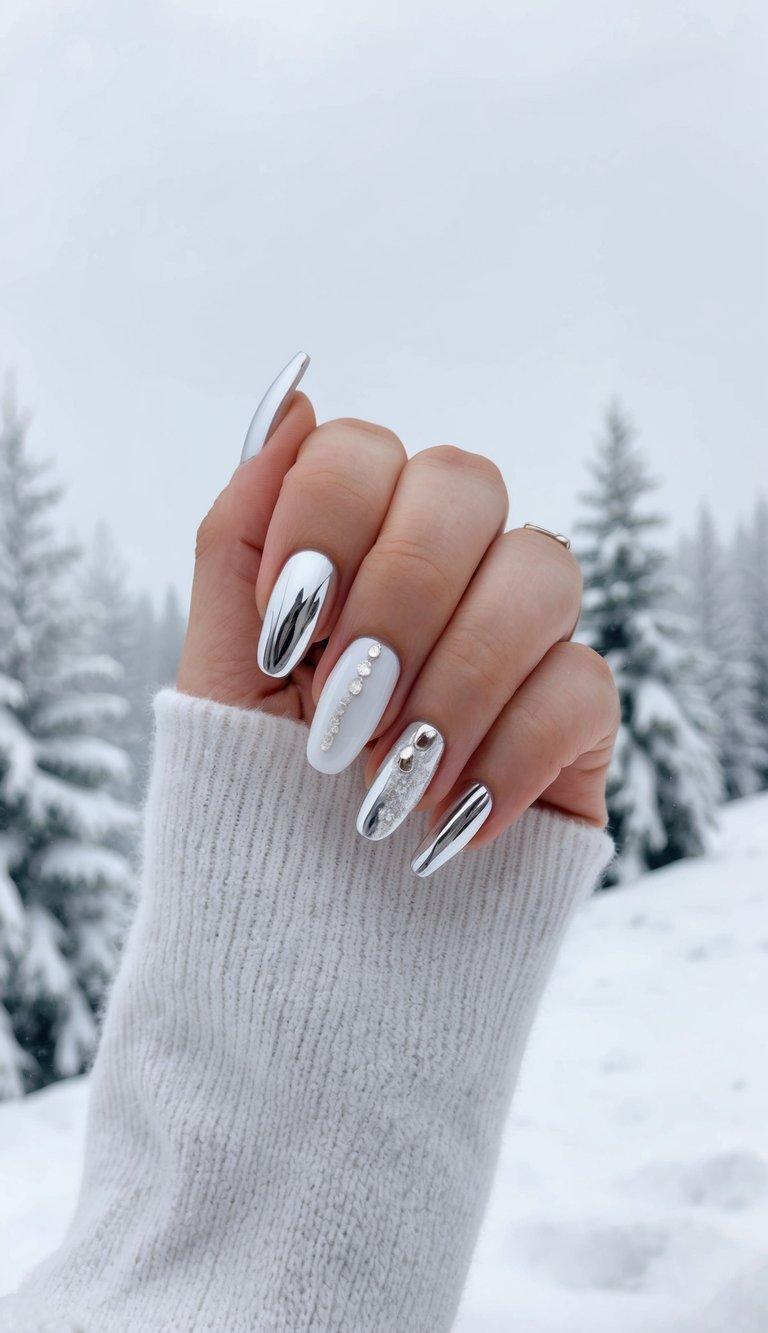 A snowy landscape with elegant white chrome nail designs adorning various surfaces