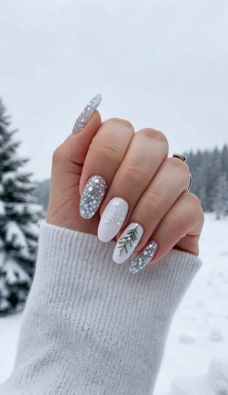 A snowy landscape with glittering nails in various winter-themed designs