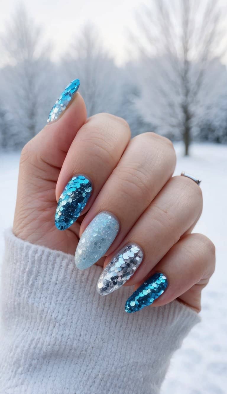 A close-up of a nail with sparkling sequins in icy blue and silver, against a frosty winter background