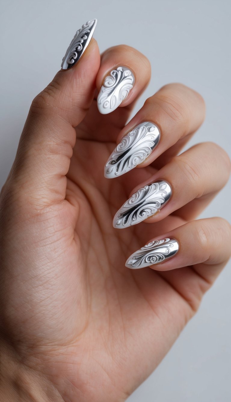 A hand model's nails are adorned with intricate white chrome nail art, showcasing sleek and sophisticated designs with baroque details