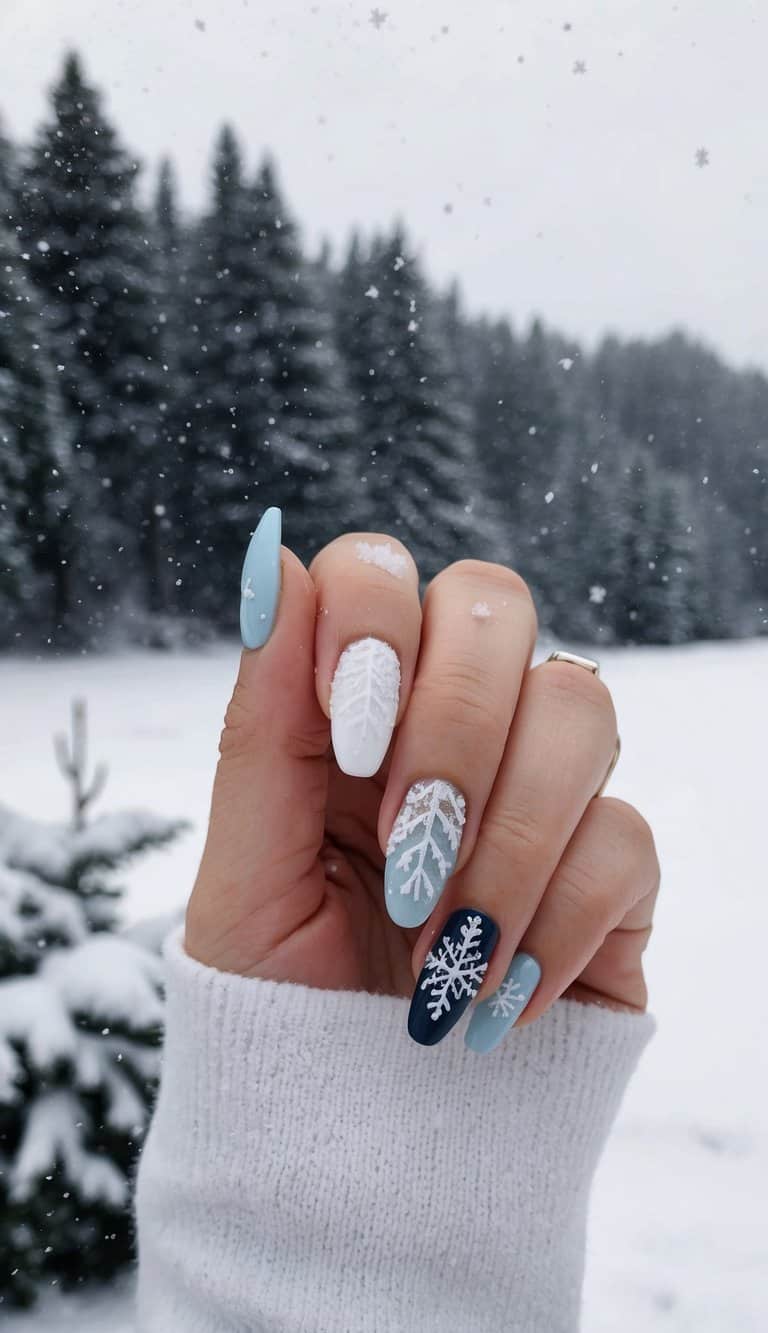 A snowy landscape with delicate snowflakes falling onto a collection of stylish winter-themed nail art designs