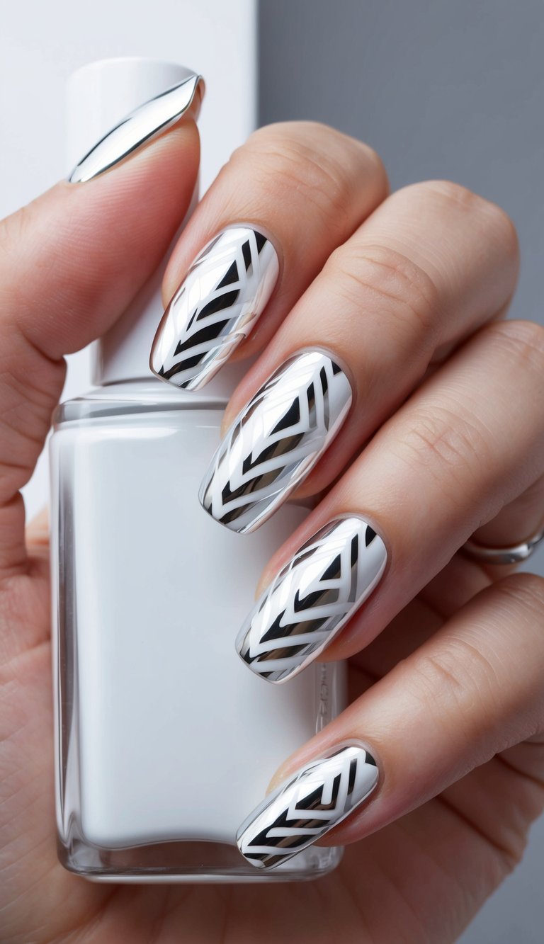 A close-up of white chrome tribal print nail art on a sleek, modern background