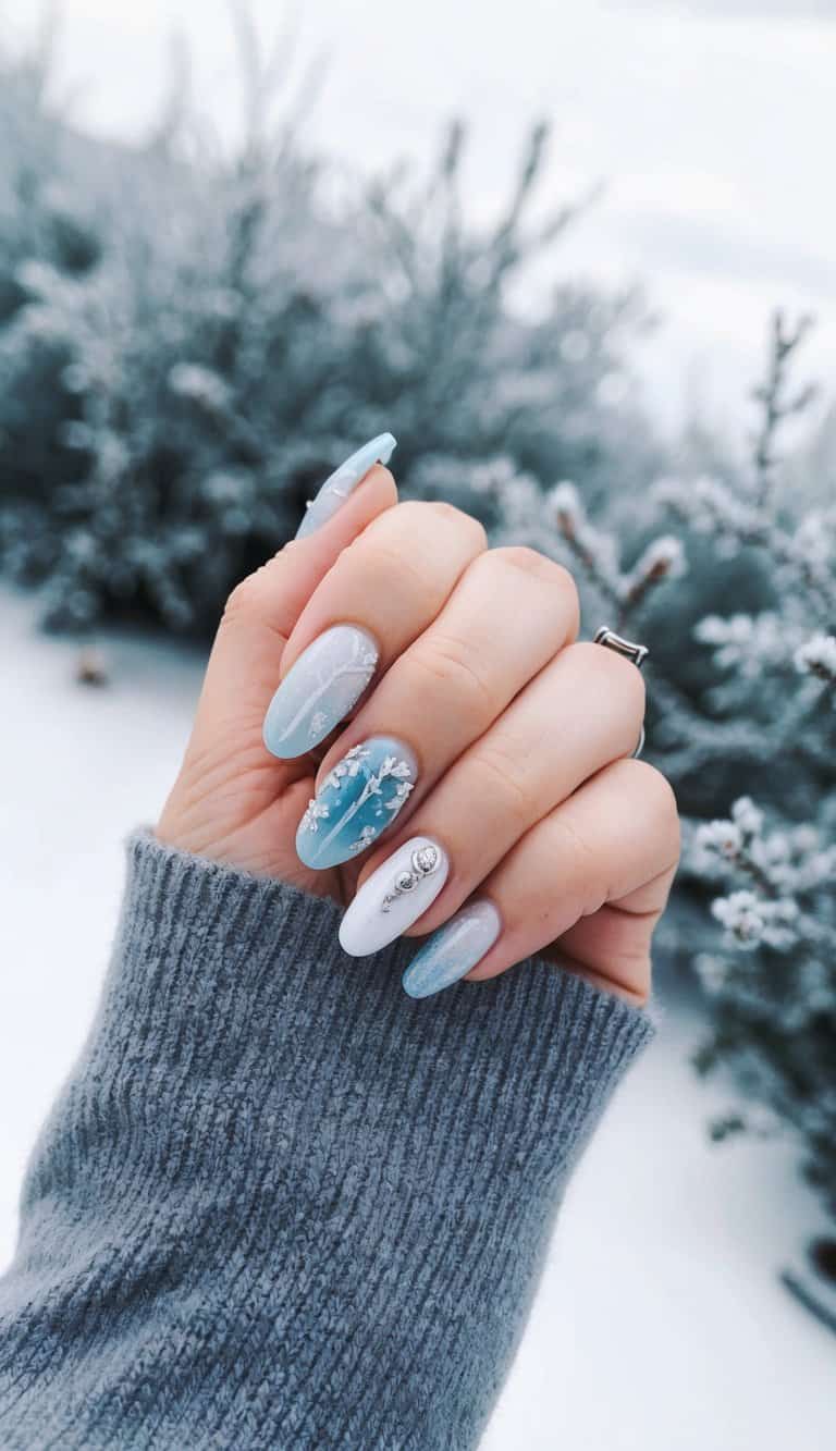 A winter scene with frost-covered foliage and icy blue hues