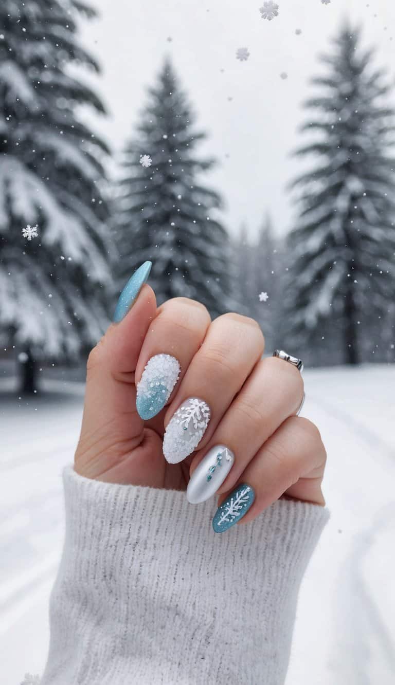 A snow-covered landscape with delicate snowflakes falling onto a collection of frosty and chic winter nail art designs, featuring icy blue and silver hues