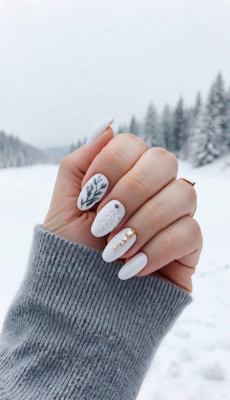 A snowy landscape with elegant winter-themed nail art designs on display