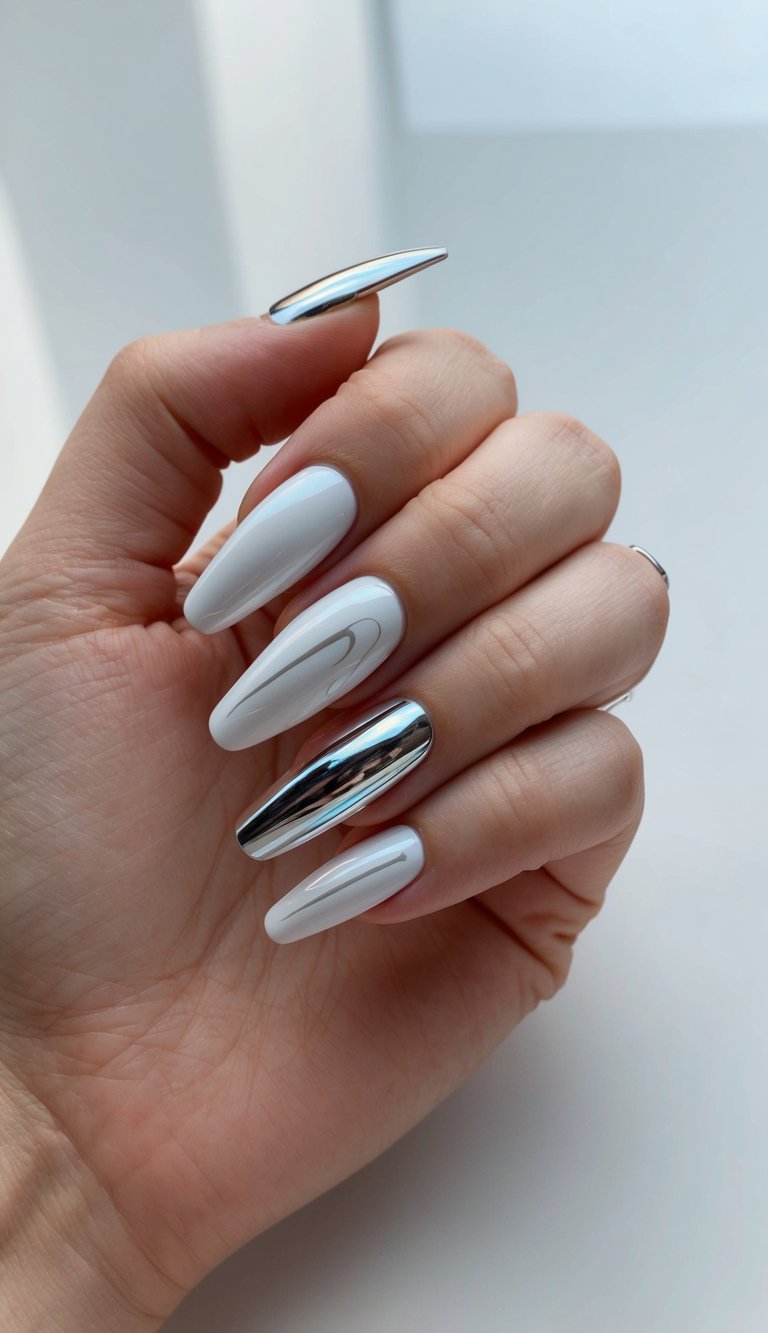 A hand displaying 50 unique white chrome nail art designs on a sleek, modern surface