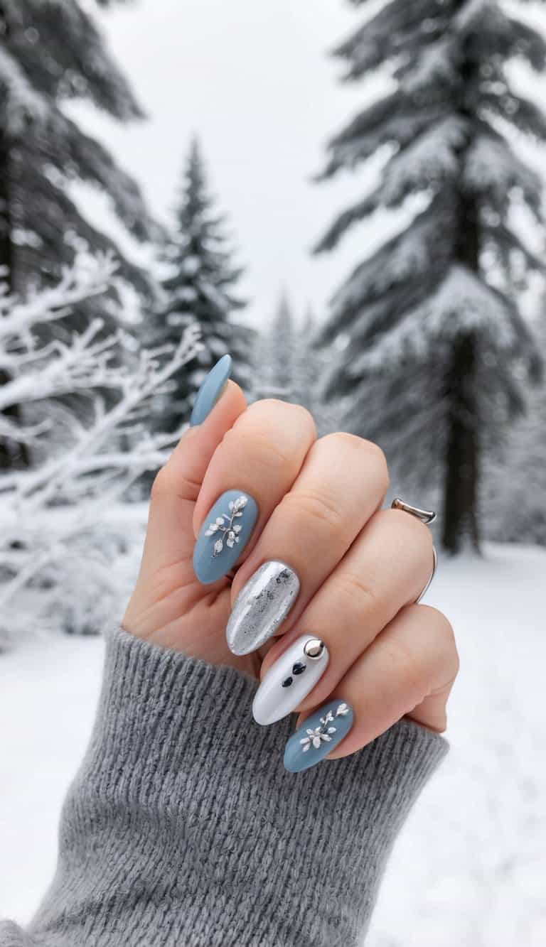 A cozy winter scene with snowy trees and frosty branches, featuring chic nail art designs in shades of blue and silver