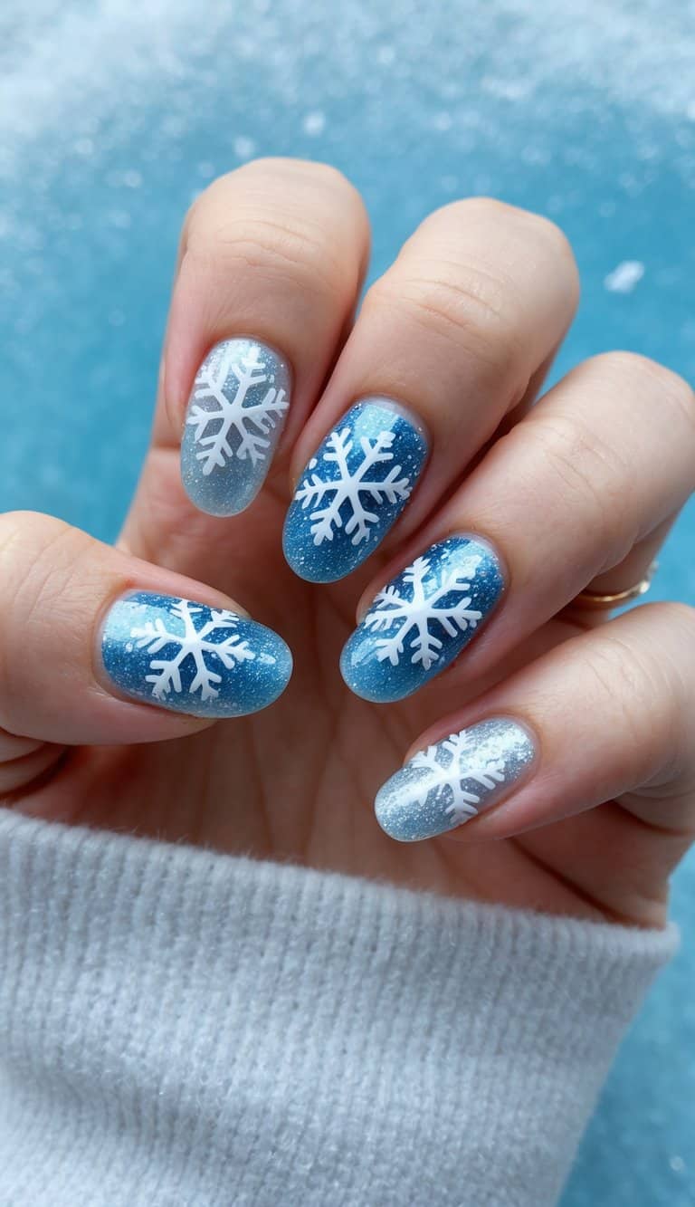 Light and deep blue glitter nails are adorned with white snowflakes for a wintry, magical vibe