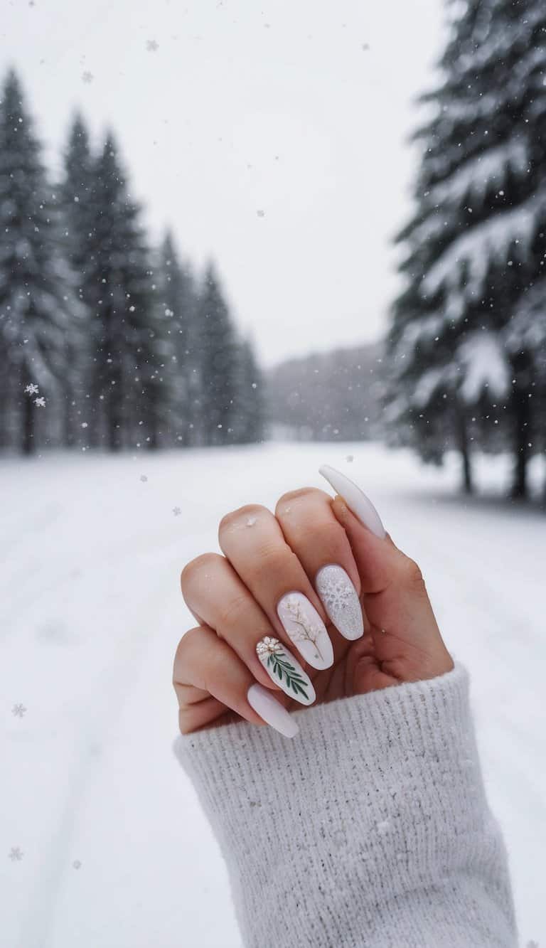A snowy landscape with delicate snowflakes falling onto a collection of elegant winter-themed nail art designs