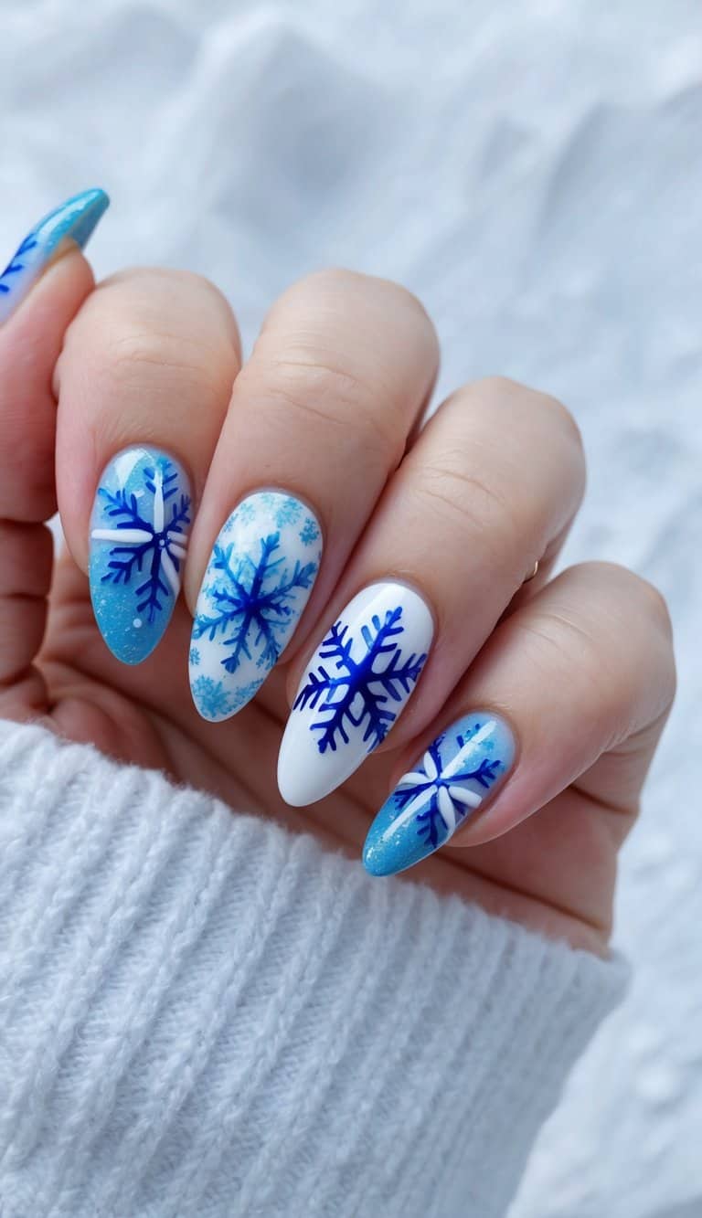 A close-up of snowflake-inspired nail art on a frosty background, with intricate designs and icy blue hues