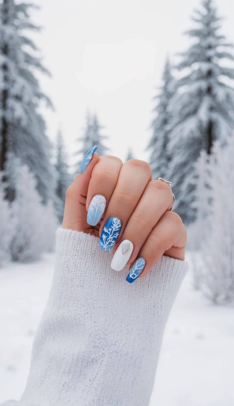 A snowy landscape with frost-covered trees and icy blue and white nail designs scattered throughout the scene