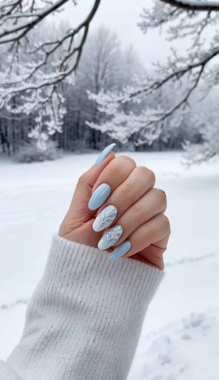 A snowy landscape with frosty branches and icy blue hues, evoking a sense of winter elegance and comfort