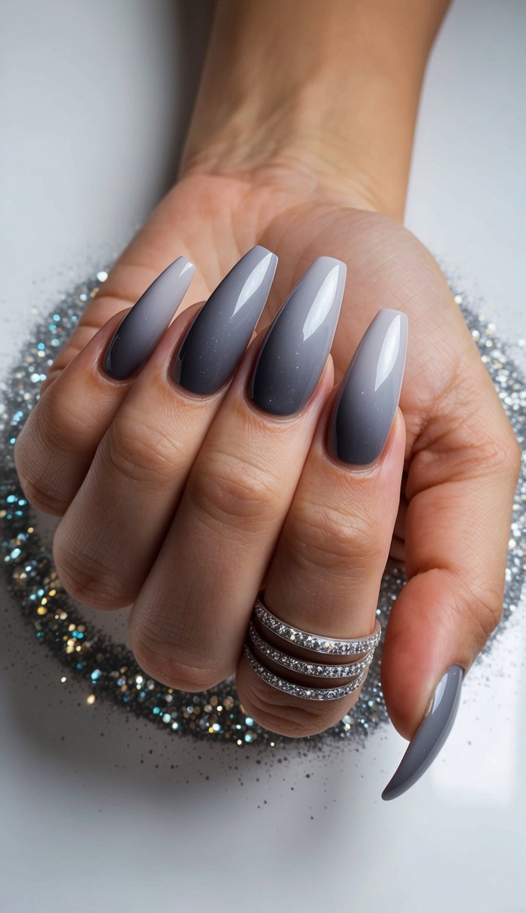 A hand with glistening gray ombre nails, surrounded by glitter and elegant designs