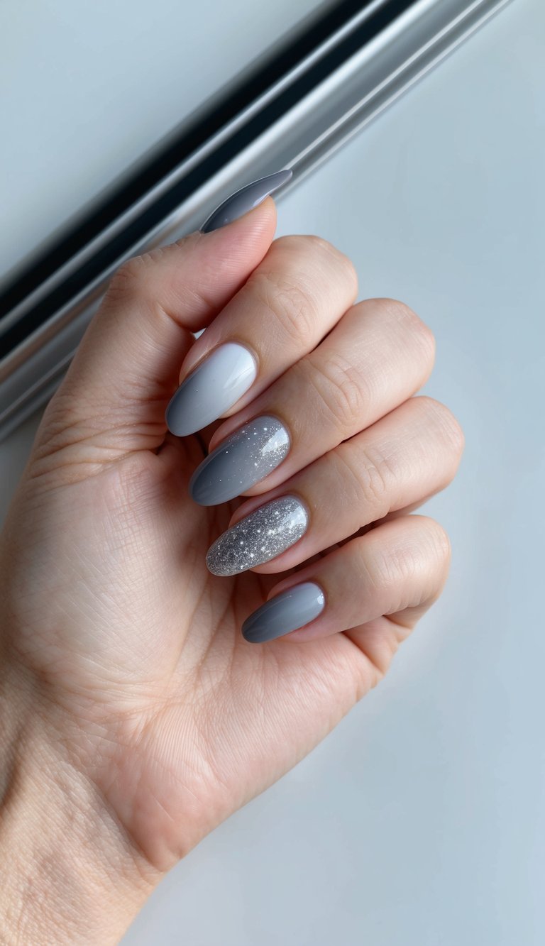 A close-up of gray ombre nails with subtle silver sparkles, against a sleek background