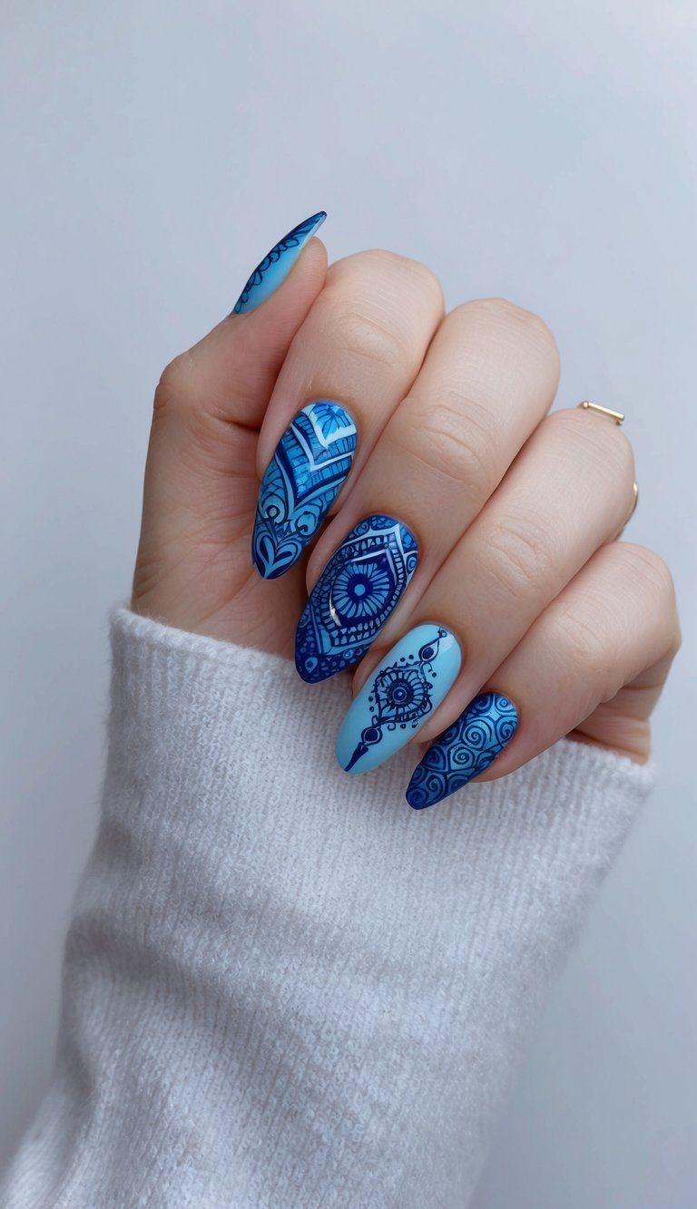 A collection of 50 mystic blue mandala nail art designs on a matte background
