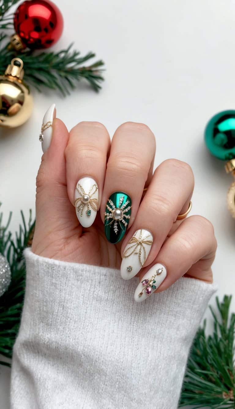 A festive nail art design featuring elegant baubles and glamorous holiday party elements