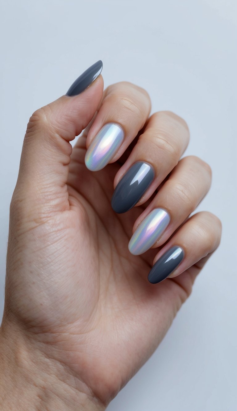 A gradient of iridescent ice gray to deep gray, with a glossy finish, on a nail
