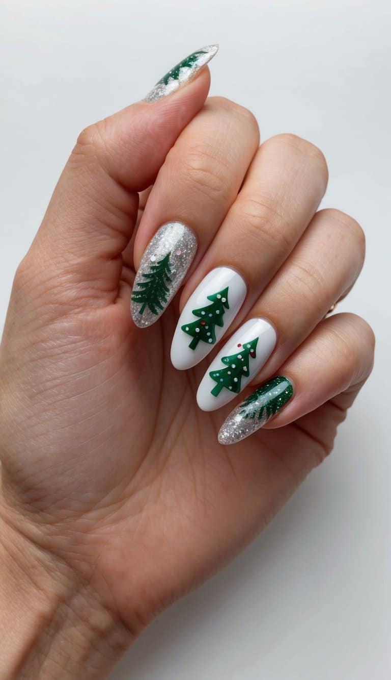 A festive holiday nail art display featuring glitter, snowflakes, and pine tree patterns
