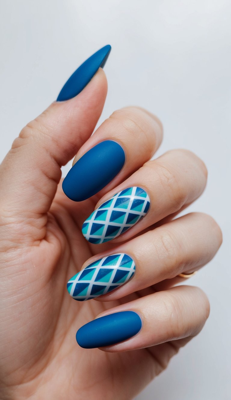 A collection of aquamarine geometric patterns on blue matte nails
