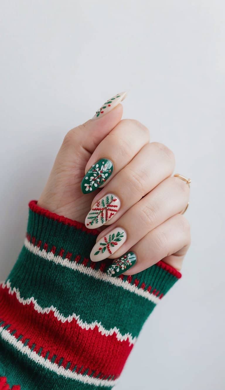 A festive holiday sweater print with intricate nail art designs