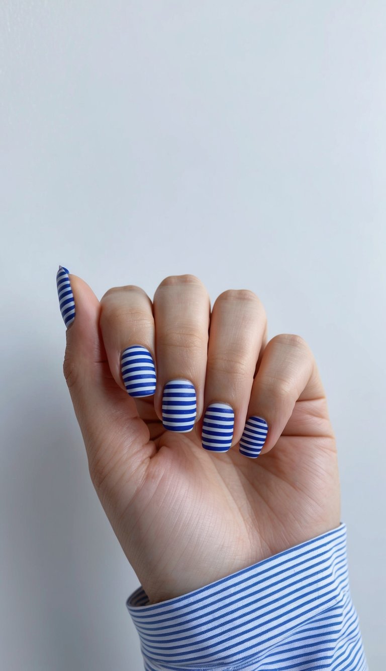 A close-up of nautical blue striped matte nails on a clean, minimalistic background