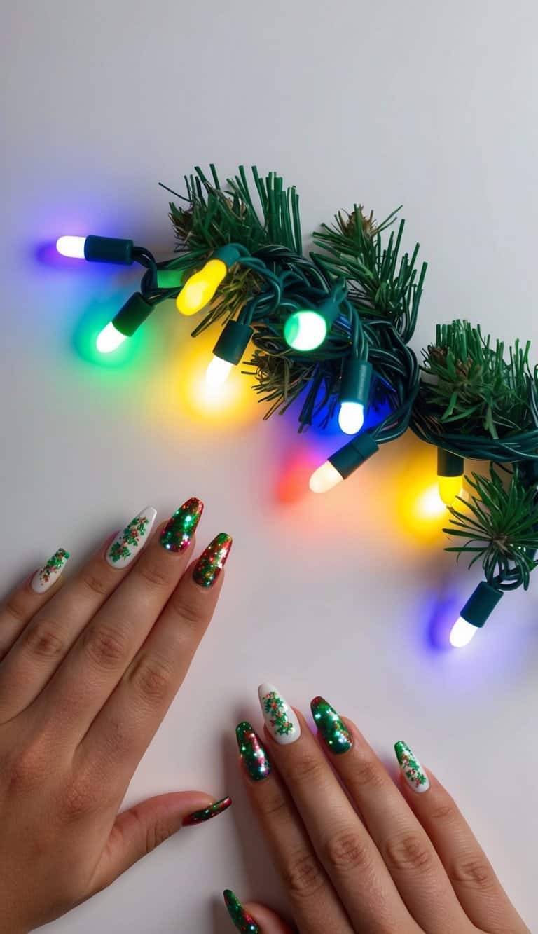 Vibrant holiday lights illuminate a festive nail art display