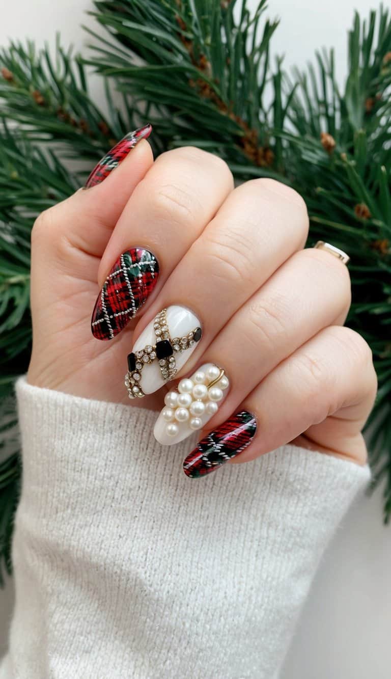 A festive holiday nail art display featuring glamorous plaid and pearls designs