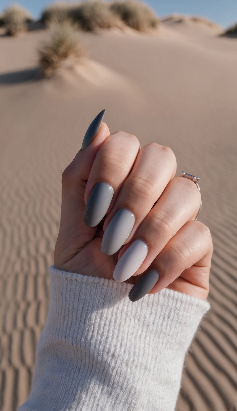 A close-up of gray ombre nails against a dusky dune backdrop