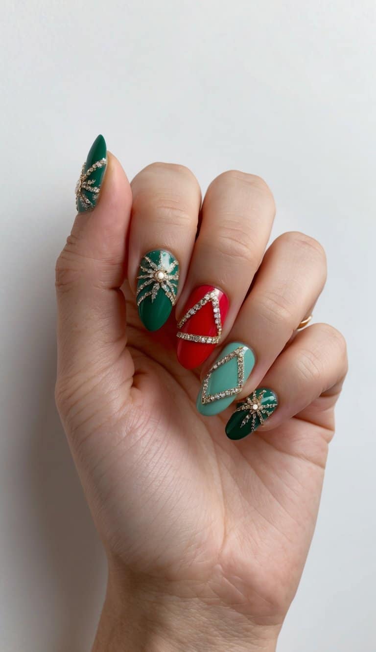 A festive nail art display featuring geometric holiday shapes in vibrant colors and sparkling accents