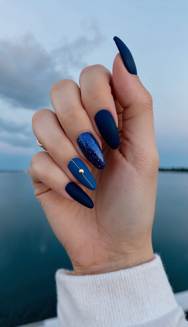 A serene night sky with navy blue glitter accents, showcasing 50 unique blue matte nail art designs