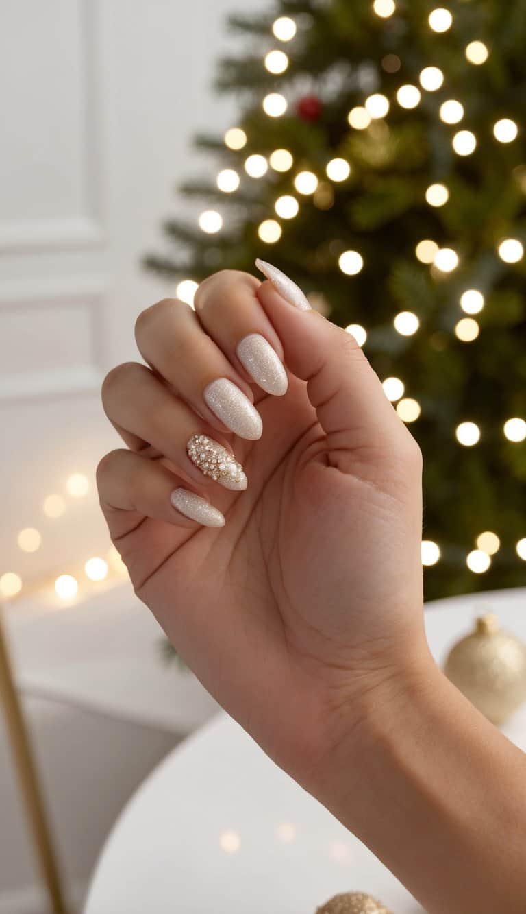 Shimmery champagne nails paired with a statement pearl-encrusted accent create a luxurious and sophisticated look