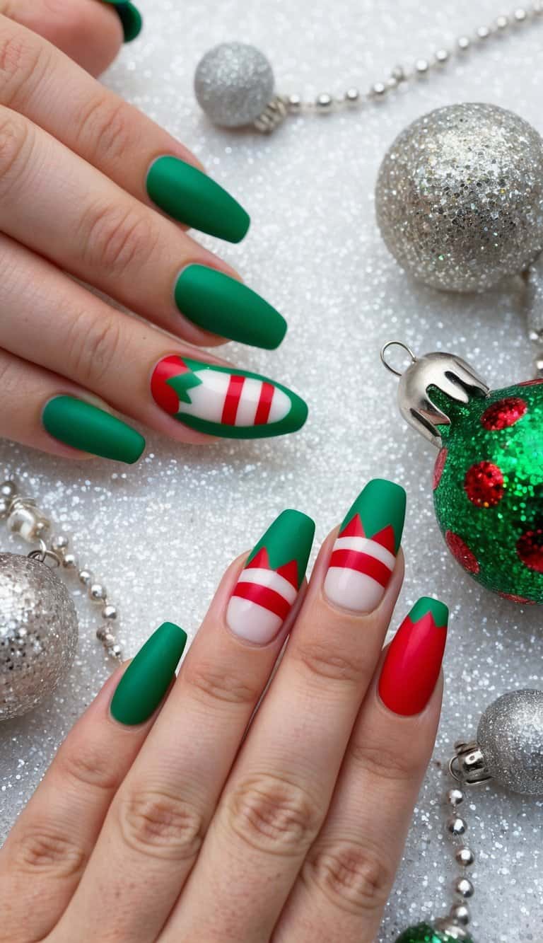 A festive scene with elf shoe-shaped nail art designs on a sparkly background, surrounded by glittering holiday decorations