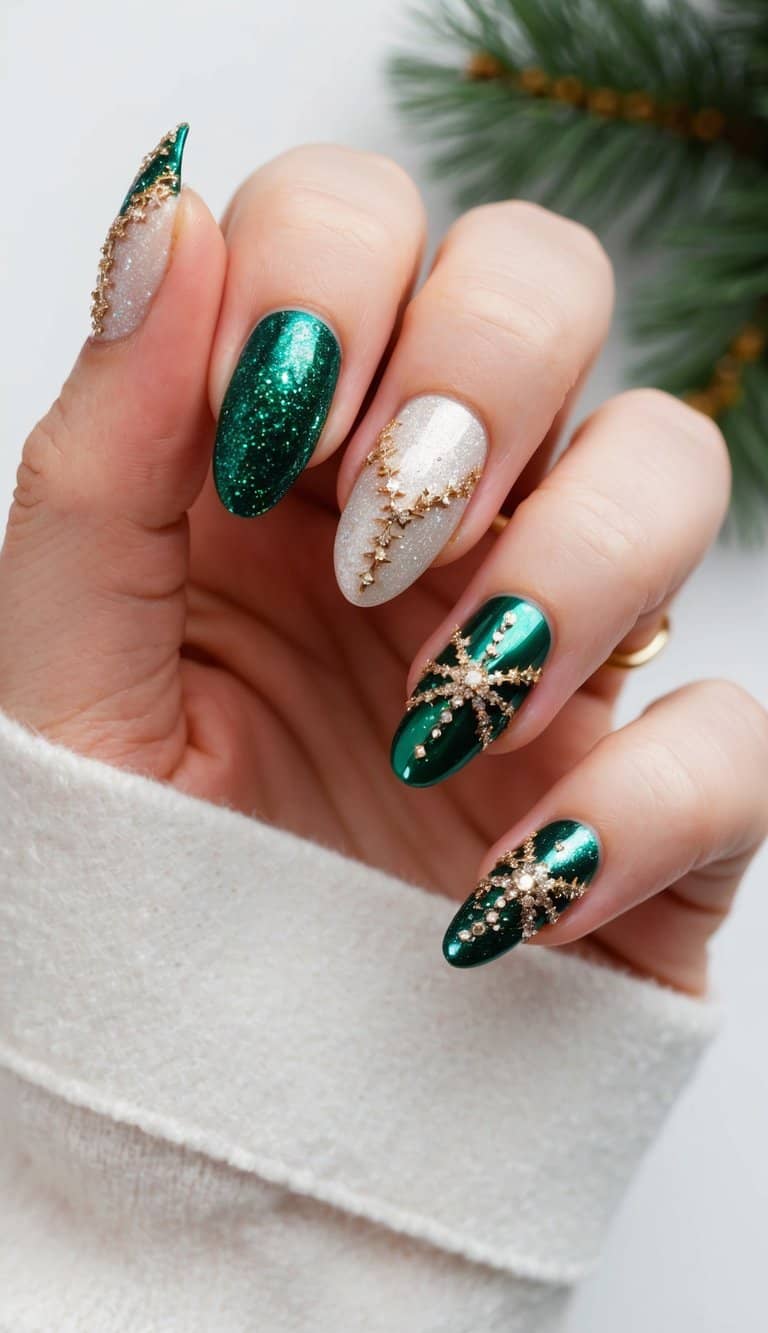 A festive holiday nail art design featuring sparkling tinsel accents and glamorous details