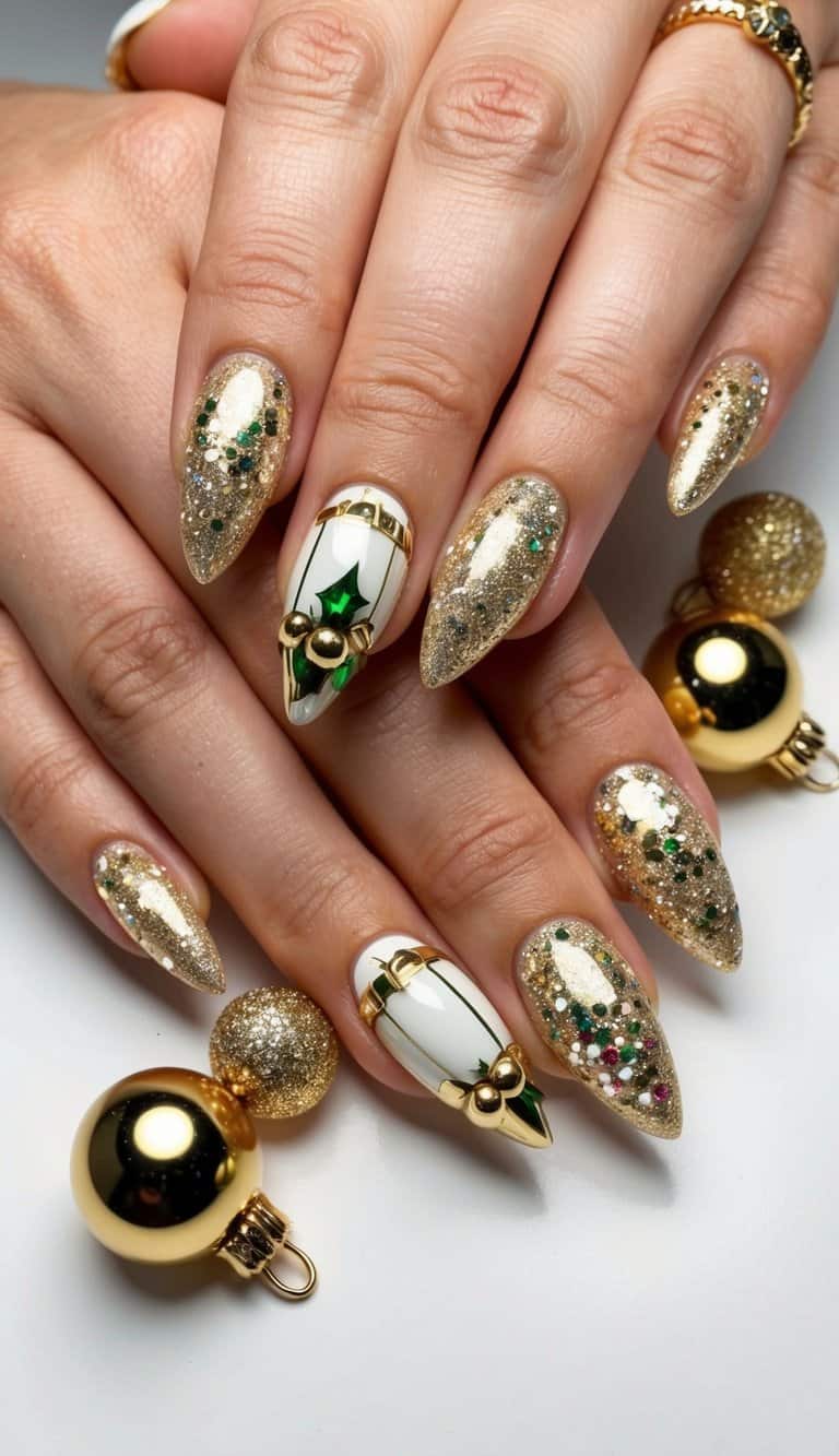 Golden baubles and glittering ornaments on a festive holiday-themed nail art display