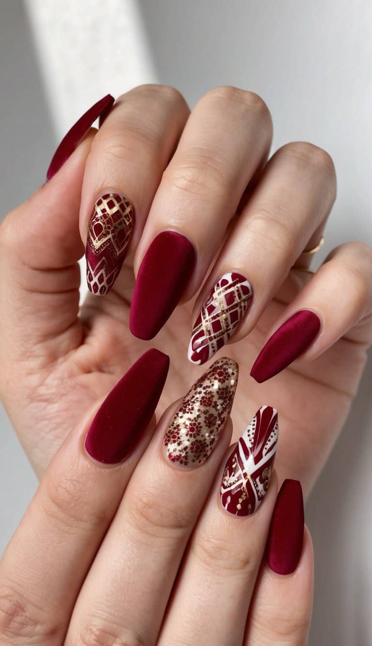 A close-up of 50 red acrylic nail art designs with a velvet matte finish, showcasing striking and intricate patterns