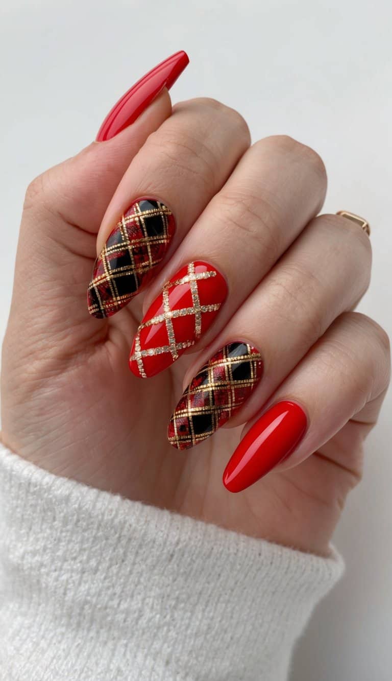 Red acrylic nails adorned with festive plaid accents