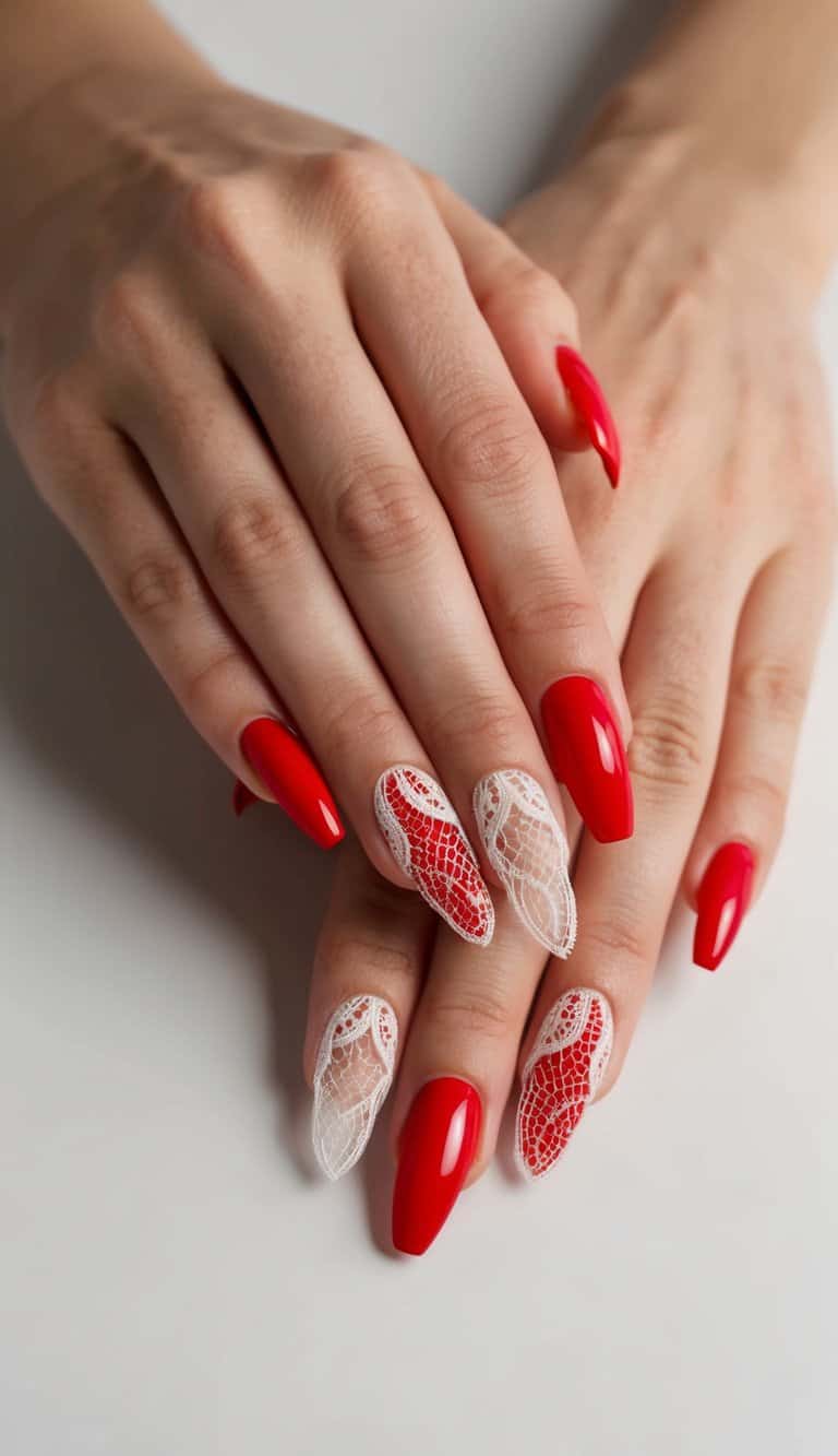 Vibrant red acrylic nails adorned with intricate lace details on a clean, neutral background