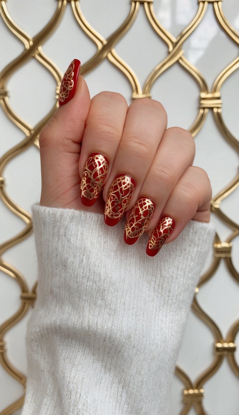A close-up of 50 red acrylic nails with intricate gold lattice designs, on a luxurious background