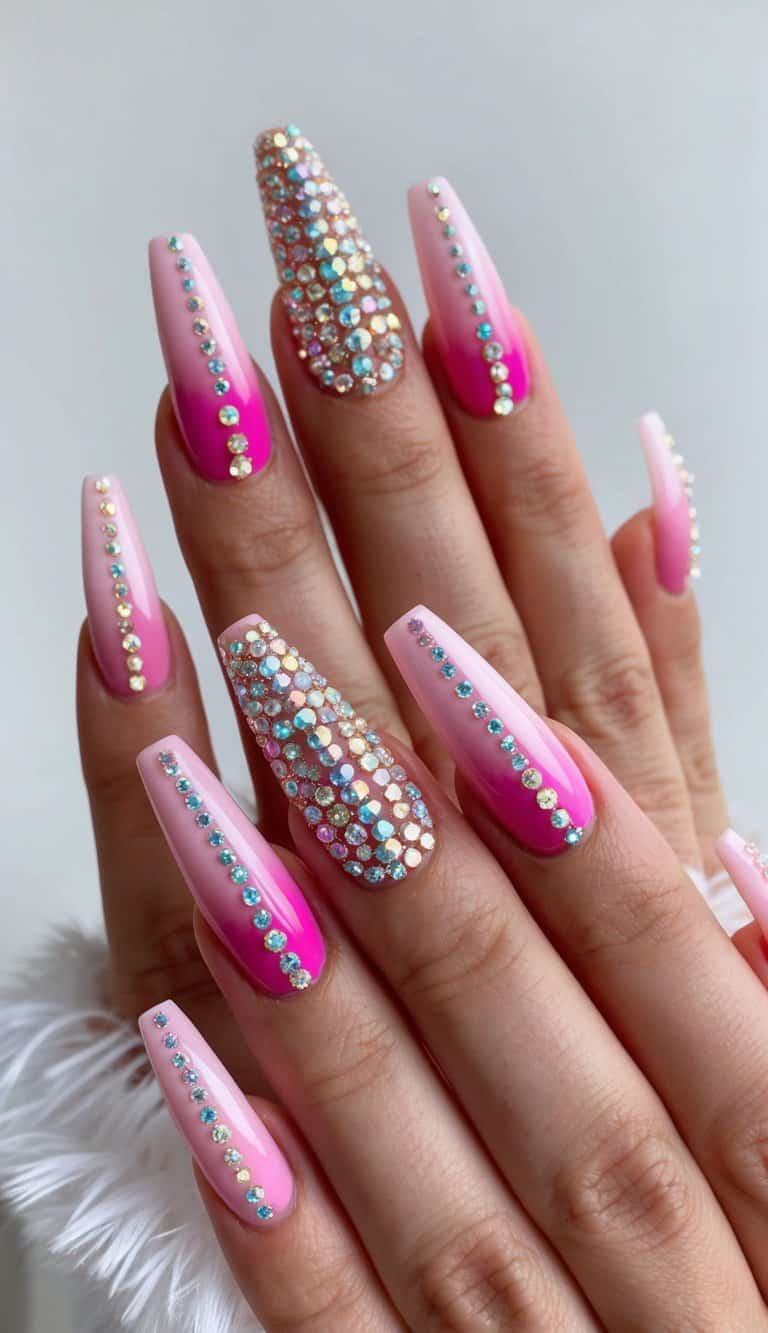 A set of ten nails with a pink ombre design, adorned with sparkling rhinestones in a festive and celebratory arrangement