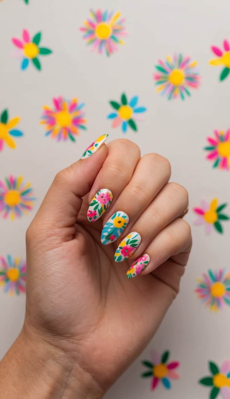 Vibrant floral patterns on a white base, celebrating a birthday with playful and festive nail art designs