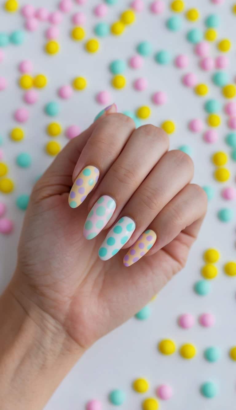A colorful array of pastel polka dot nail designs on a celebratory backdrop