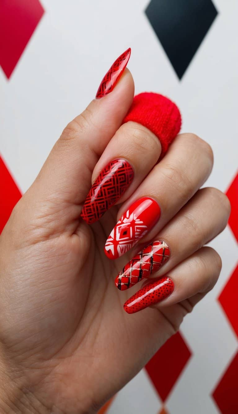 A vibrant mix of red acrylic nail designs, featuring bold patterns and intricate details, set against a contrasting diamond backdrop