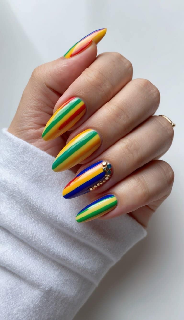 Vibrant rainbow stripes swirling across a celebratory birthday nail art design