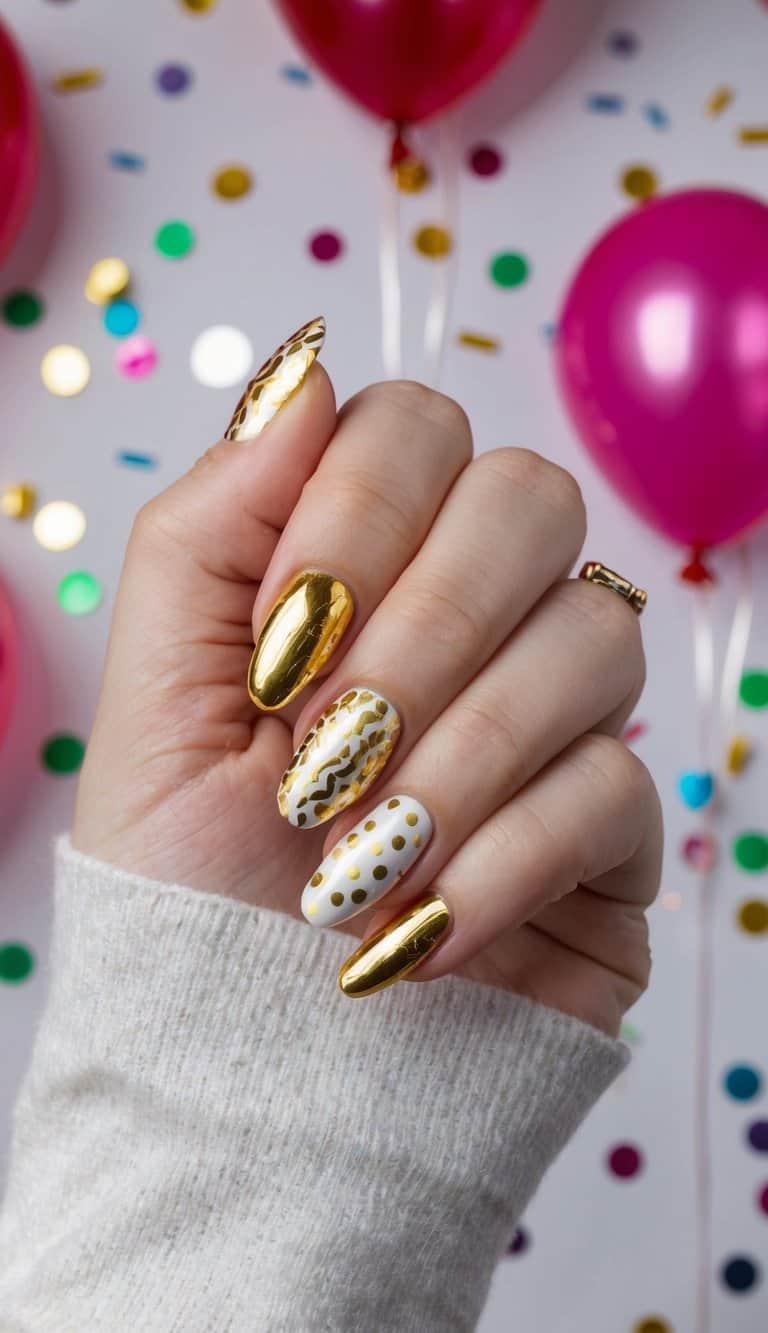 Vibrant gold foil party pop nail art designs on a festive background with confetti and balloons