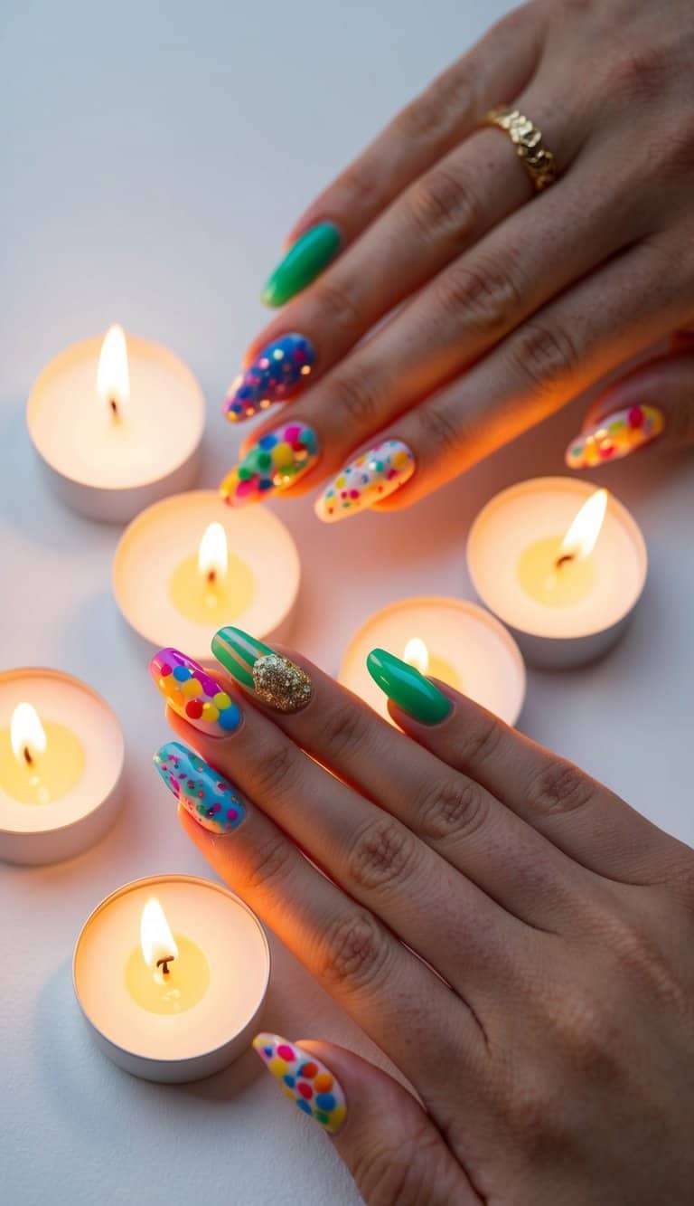 A colorful array of birthday-themed nail designs illuminated by flickering candlelight